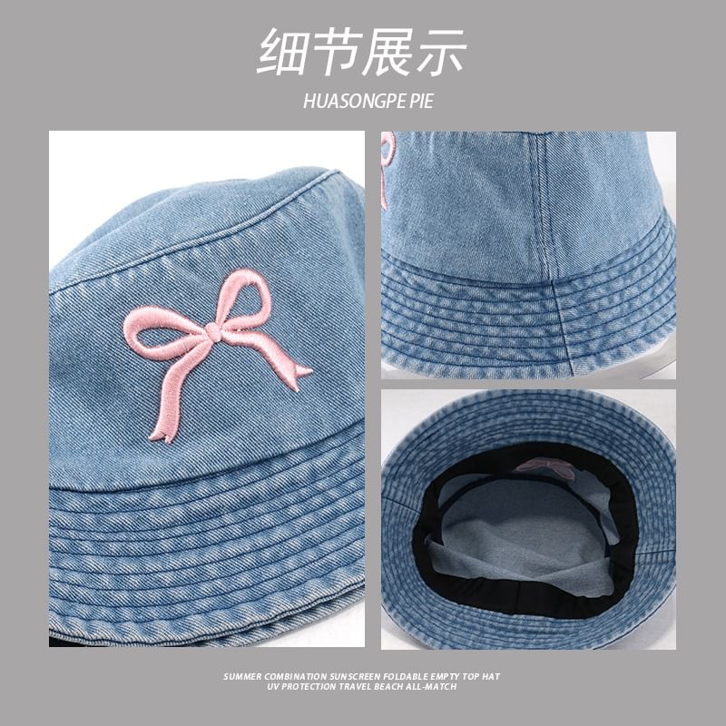Embroidered Bucket Denim Bow Hat