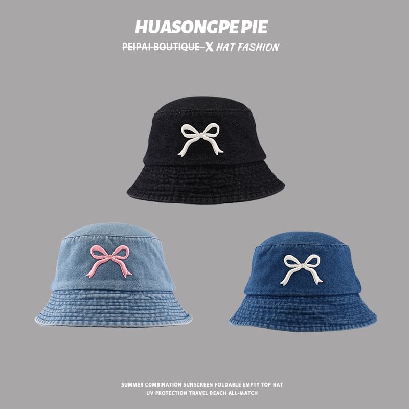 Embroidered Bucket Denim Bow Hat