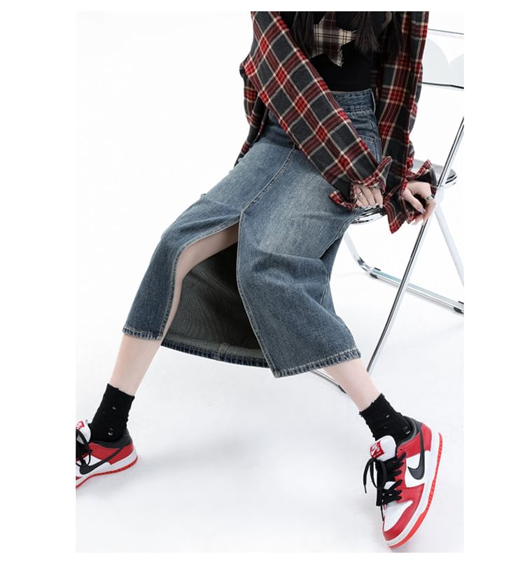 Skirt Pencil Midi Washed Denim High Slit Rise