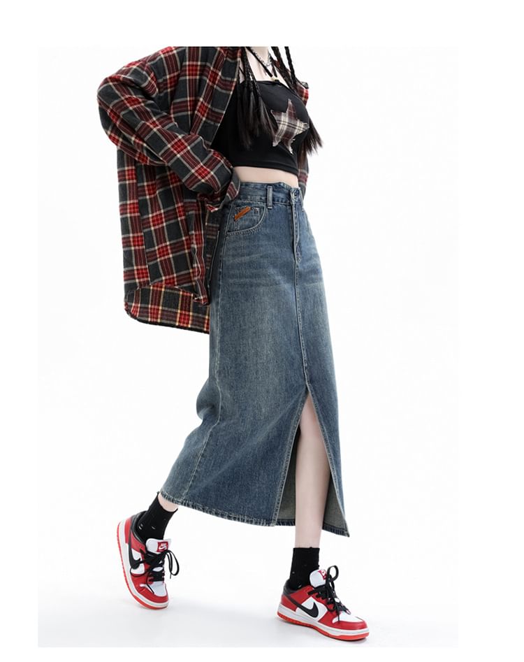Skirt Pencil Midi Washed Denim High Slit Rise