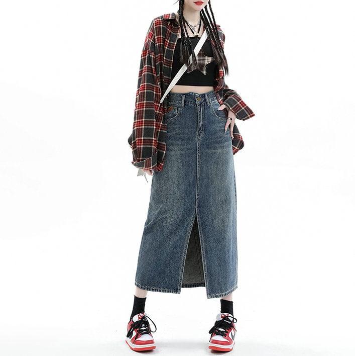 Skirt Pencil Midi Washed Denim High Slit Rise