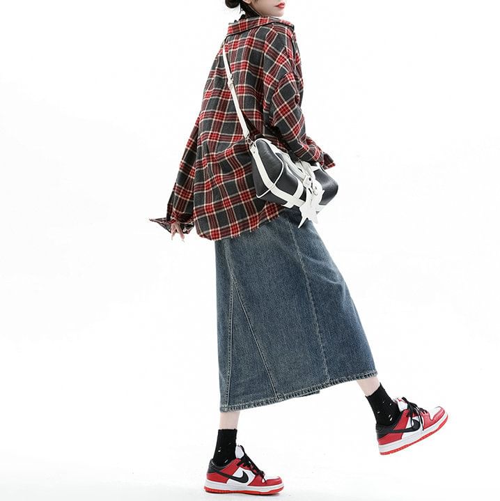 Skirt Pencil Midi Washed Denim High Slit Rise