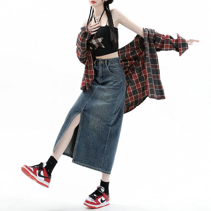 Skirt Pencil Midi Washed Denim High Slit Rise