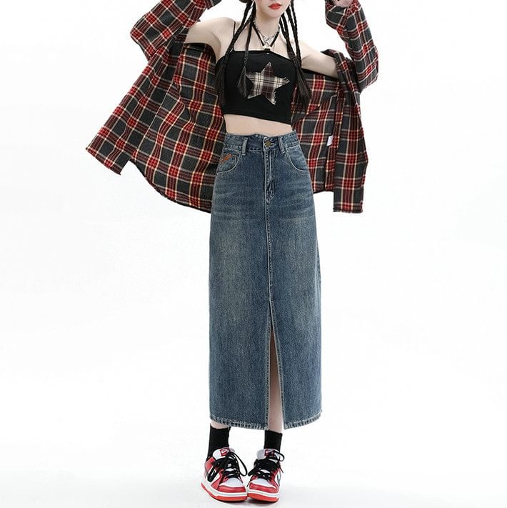 Skirt Pencil Midi Washed Denim High Slit Rise