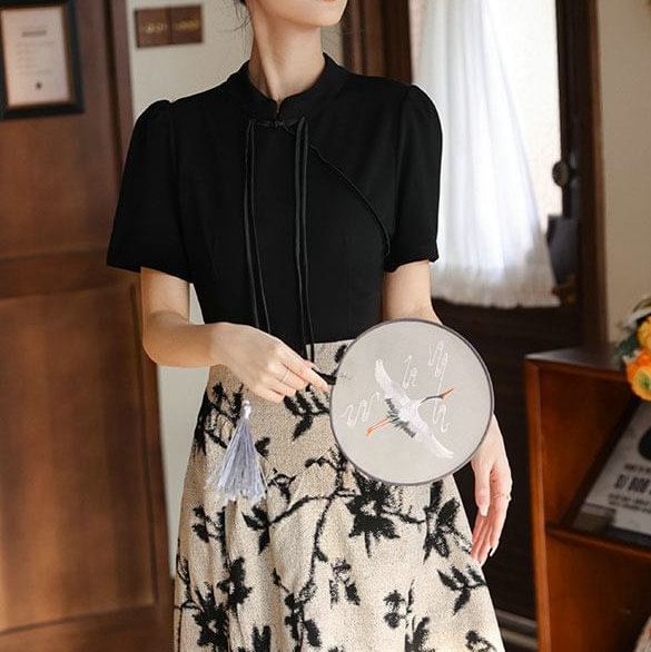 Collar Panel A-Line Mandarin Short-Sleeve Midi Dress Floral