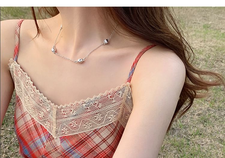 Plaid Midi A-Line Lace Spaghetti Strap Trim Dress