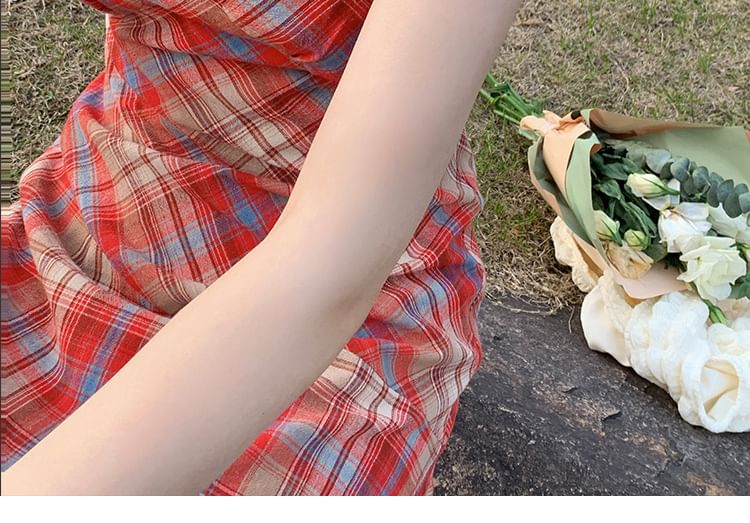 Plaid Midi A-Line Lace Spaghetti Strap Trim Dress