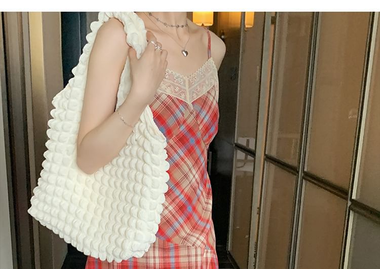 Plaid Midi A-Line Lace Spaghetti Strap Trim Dress