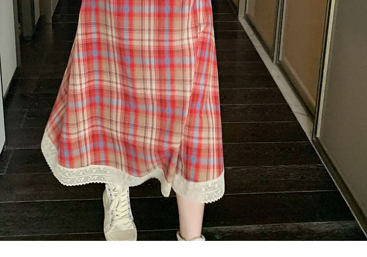 Plaid Midi A-Line Lace Spaghetti Strap Trim Dress