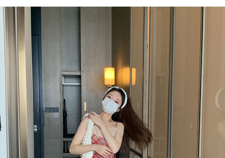 Plaid Midi A-Line Lace Spaghetti Strap Trim Dress