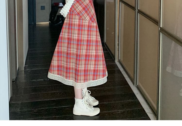 Plaid Midi A-Line Lace Spaghetti Strap Trim Dress