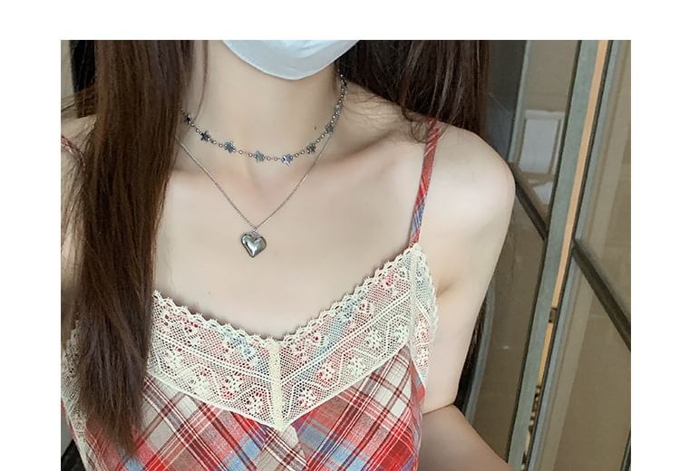 Plaid Midi A-Line Lace Spaghetti Strap Trim Dress