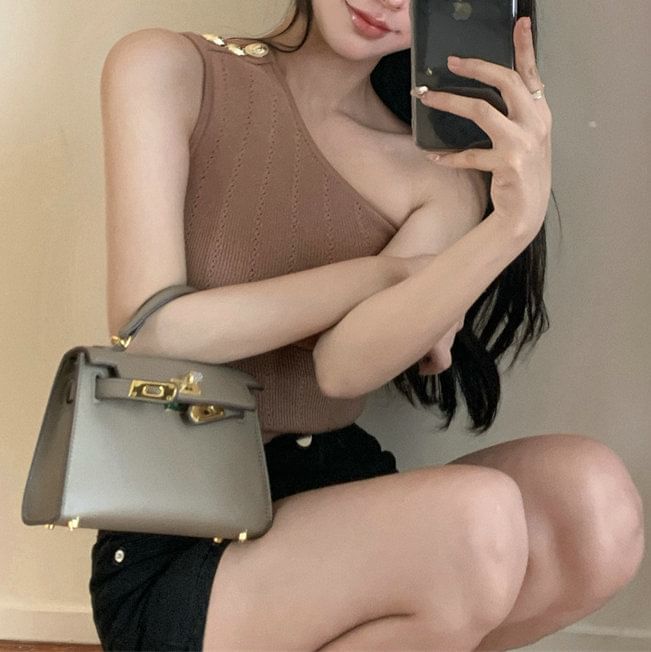 Tank Top Knit One-Shoulder Plain