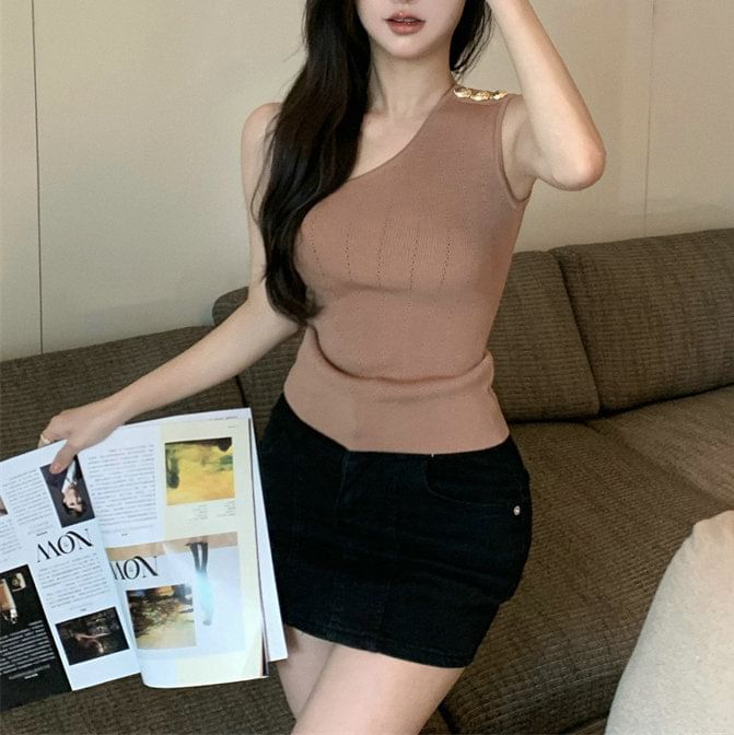 Tank Top Knit One-Shoulder Plain