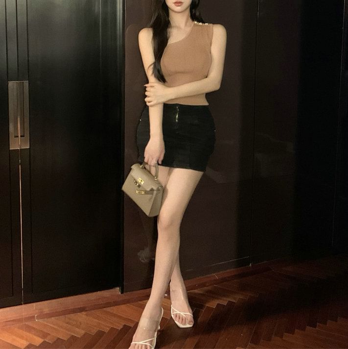 Tank Top Knit One-Shoulder Plain