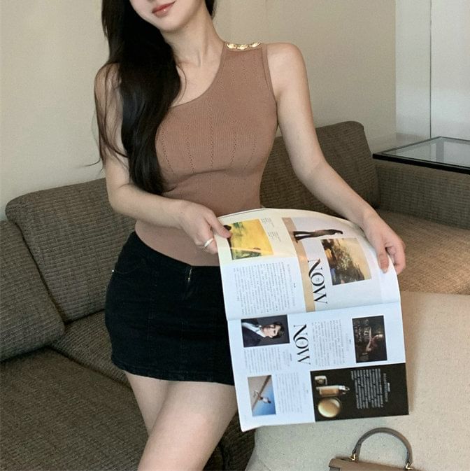 Tank Top Knit One-Shoulder Plain