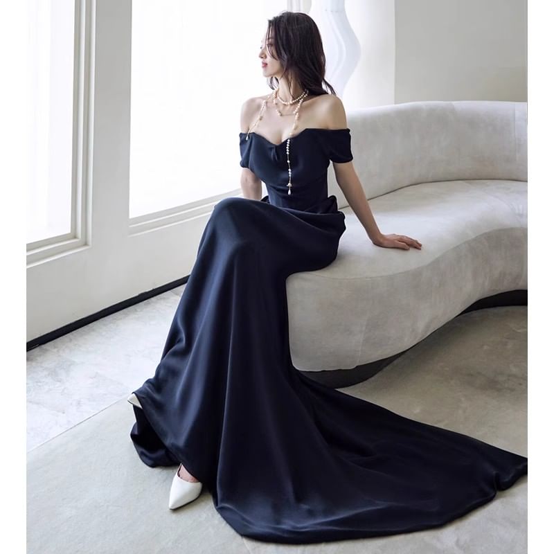 Plain Gown Off-Shoulder Evening Ruched Trained Mermaid