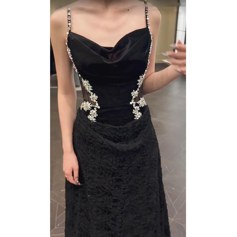 Lace Gown Panel Strap Evening Accent Spaghetti A-Line Neck Cowl Rhinestone