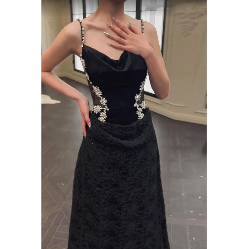 Lace Gown Panel Strap Evening Accent Spaghetti A-Line Neck Cowl Rhinestone