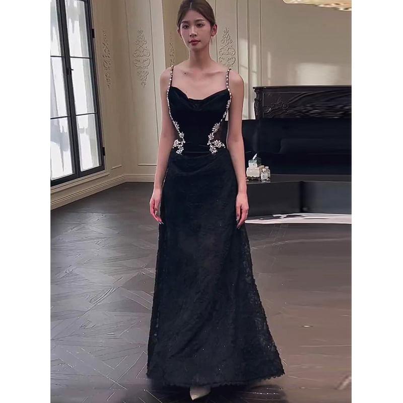 Lace Gown Panel Strap Evening Accent Spaghetti A-Line Neck Cowl Rhinestone