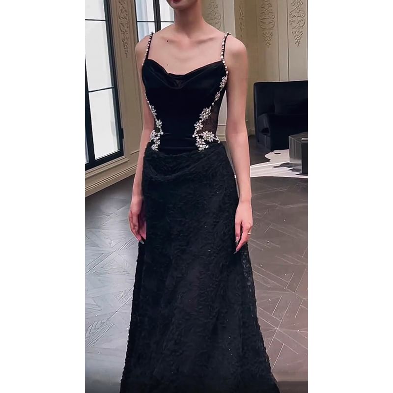 Lace Gown Panel Strap Evening Accent Spaghetti A-Line Neck Cowl Rhinestone