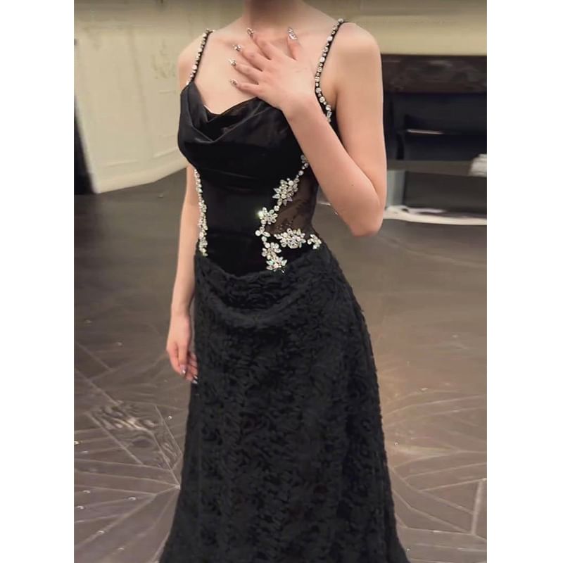 Lace Gown Panel Strap Evening Accent Spaghetti A-Line Neck Cowl Rhinestone