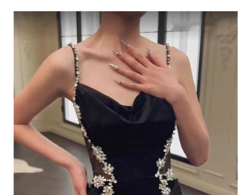 Lace Gown Panel Strap Evening Accent Spaghetti A-Line Neck Cowl Rhinestone