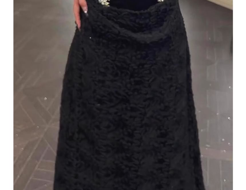 Lace Gown Panel Strap Evening Accent Spaghetti A-Line Neck Cowl Rhinestone