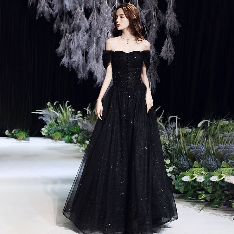 Evening Glitter Square-Neck Gown A-Line Short-Sleeve