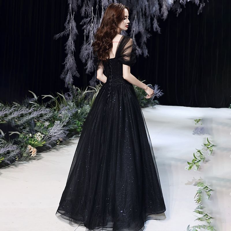 Evening Glitter Square-Neck Gown A-Line Short-Sleeve