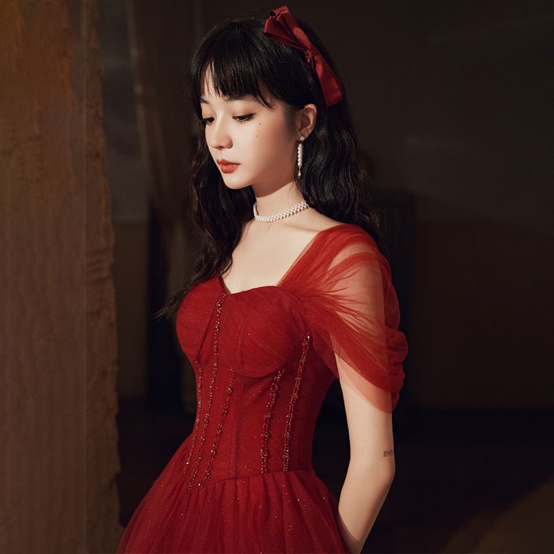 Evening Glitter Square-Neck Gown A-Line Short-Sleeve