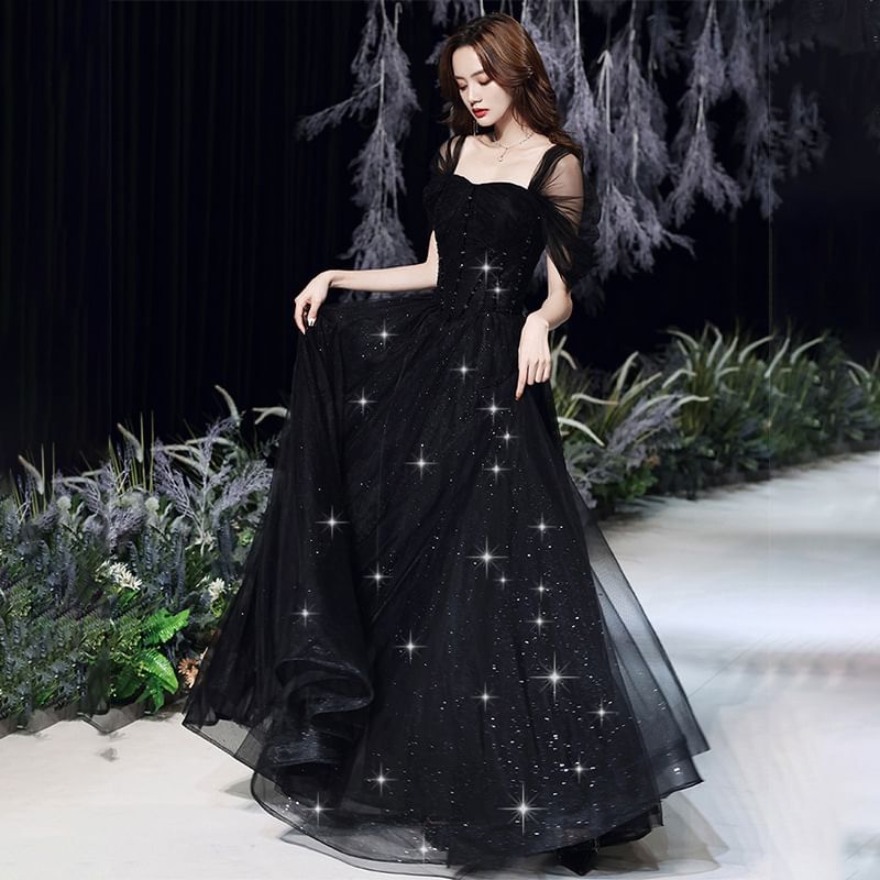 Evening Glitter Square-Neck Gown A-Line Short-Sleeve