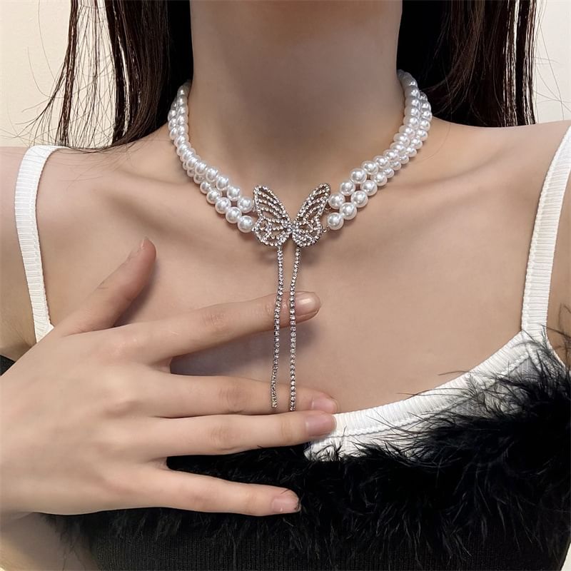 Faux Butterfly Choker Alloy Rhinestone Pearl