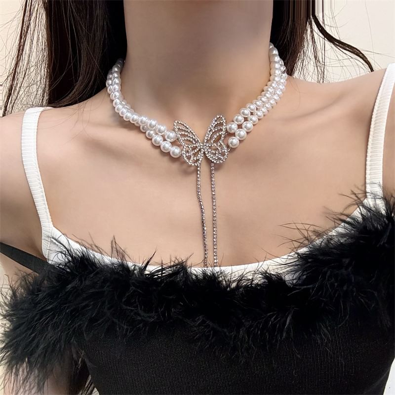 Faux Butterfly Choker Alloy Rhinestone Pearl