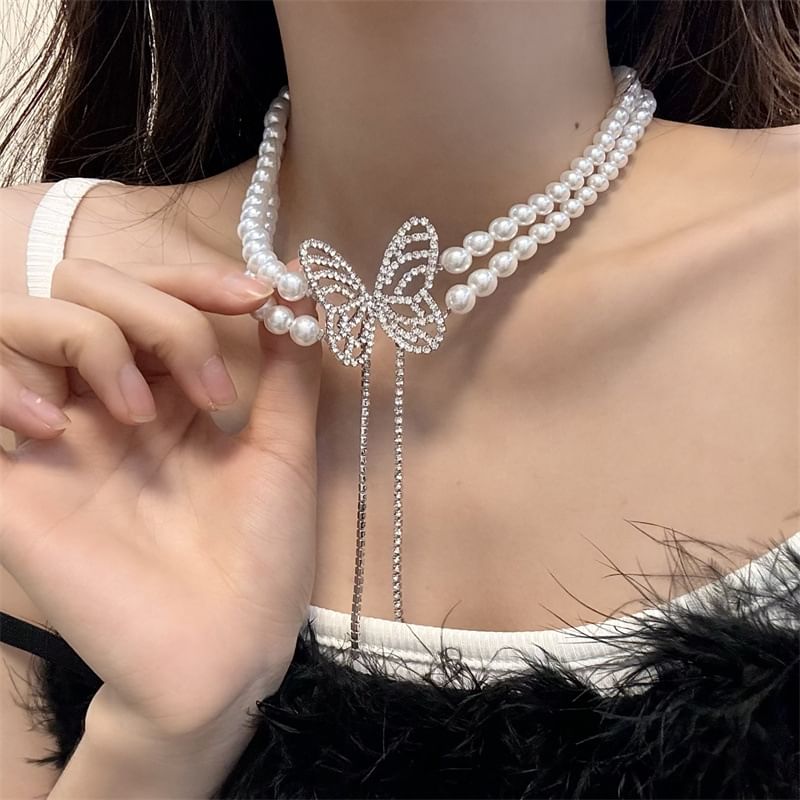 Faux Butterfly Choker Alloy Rhinestone Pearl