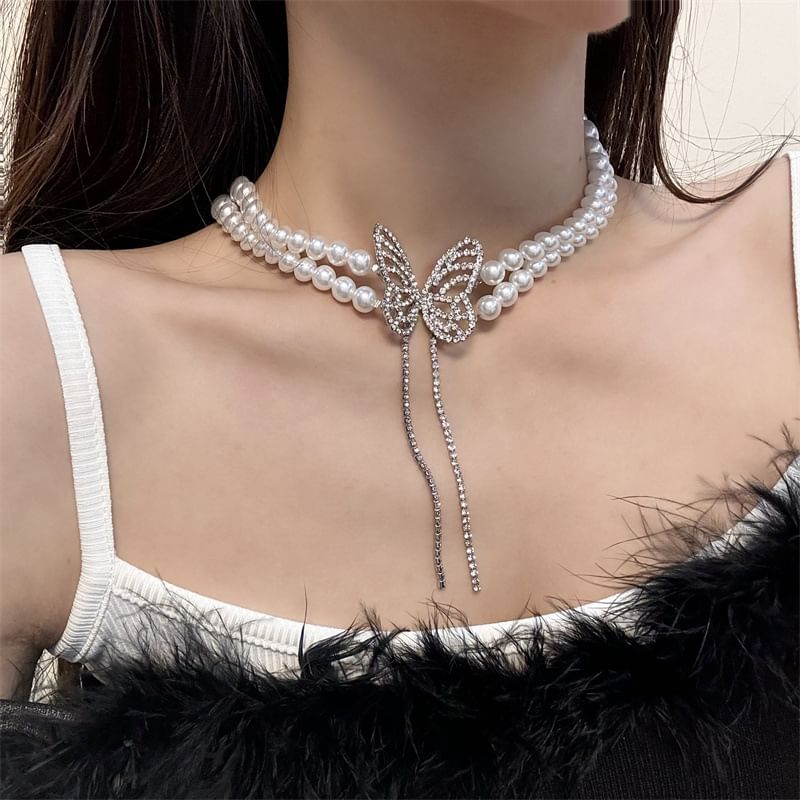 Faux Butterfly Choker Alloy Rhinestone Pearl