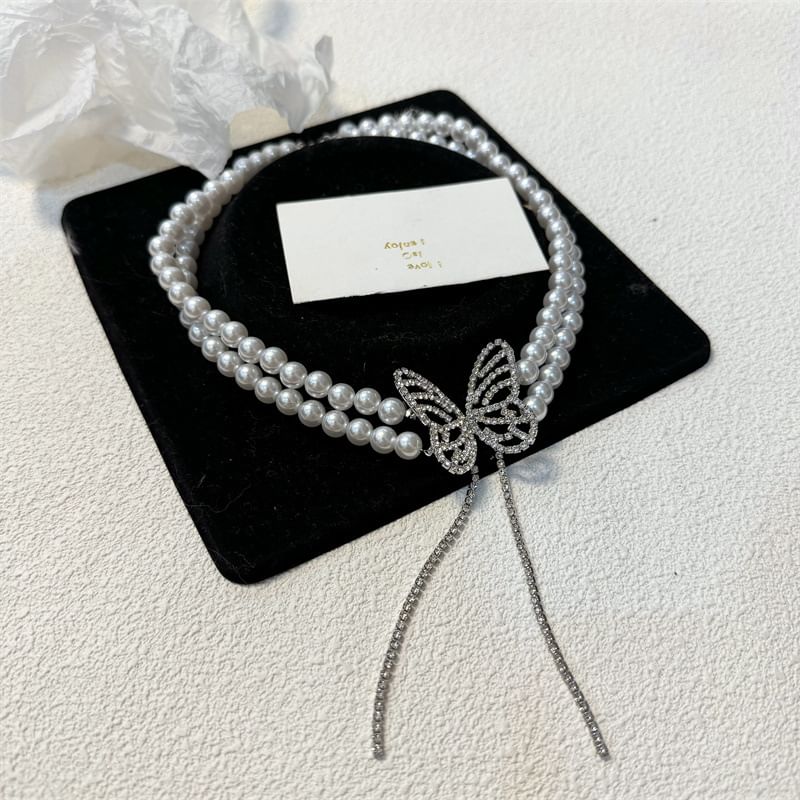 Faux Butterfly Choker Alloy Rhinestone Pearl