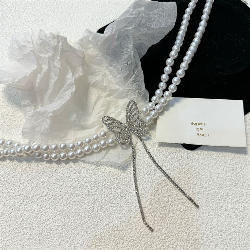 Faux Butterfly Choker Alloy Rhinestone Pearl