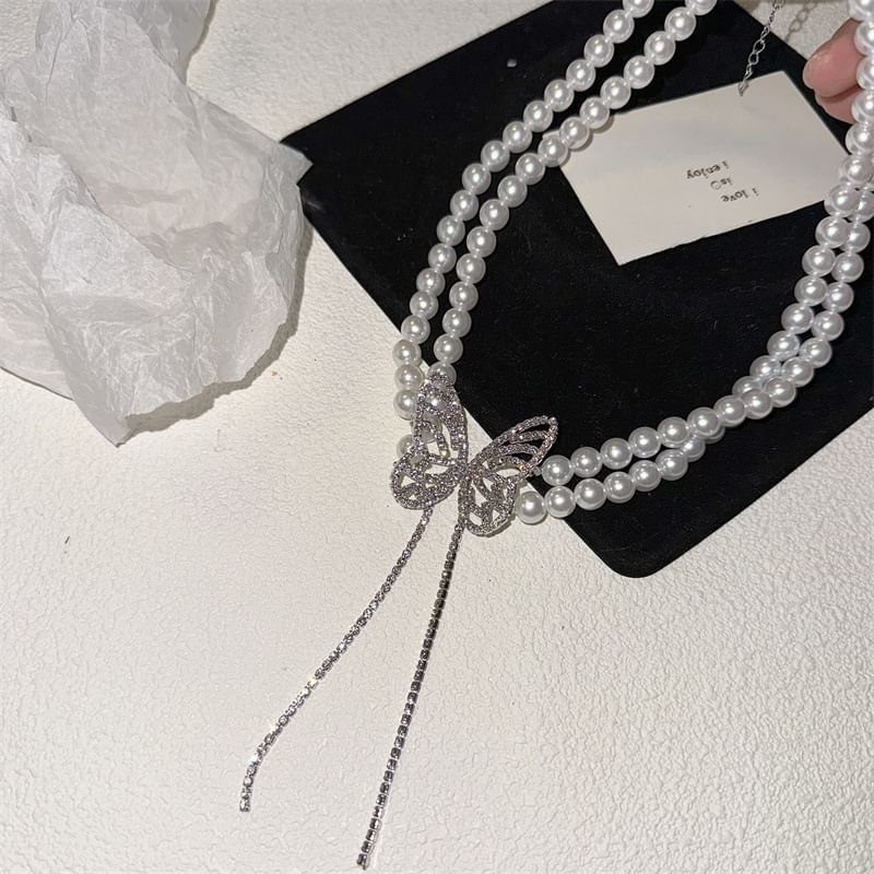 Faux Butterfly Choker Alloy Rhinestone Pearl