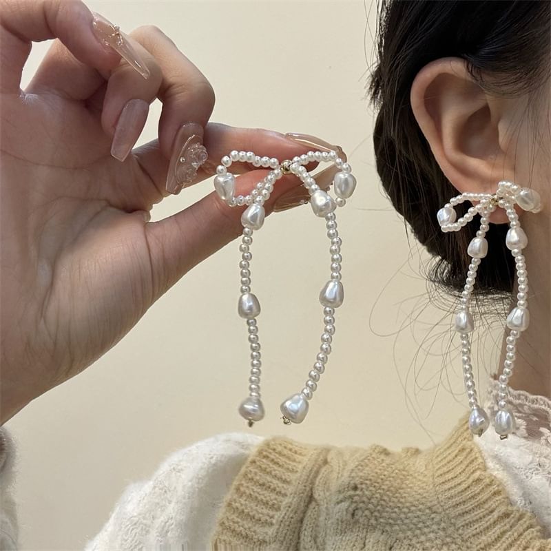 Pearl Bow Dangle Earring Faux