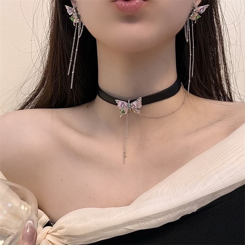 Earring Faux / Choker Alloy Butterfly Threader Leather