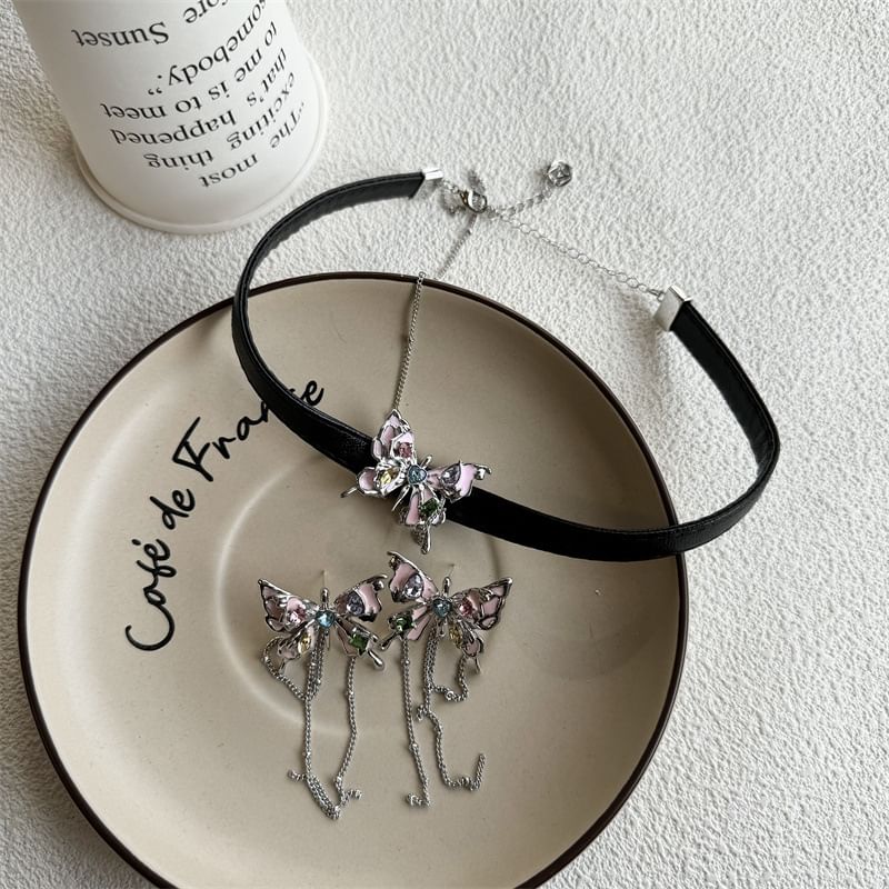 Earring Faux / Choker Alloy Butterfly Threader Leather