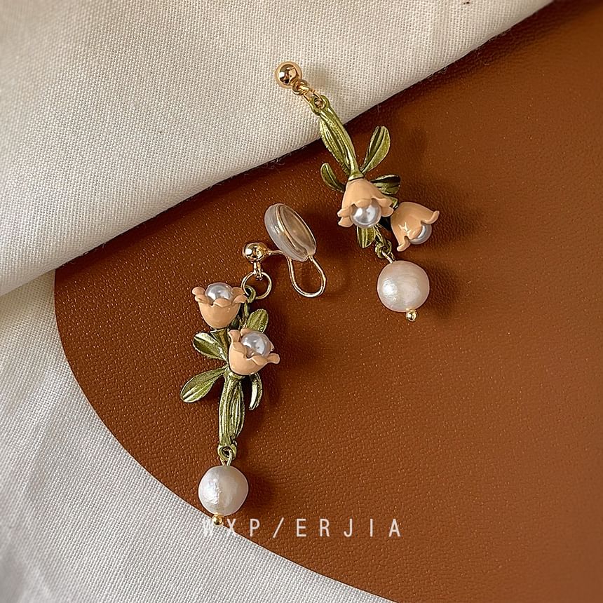 Earring Pearl Dangle Floral Alloy Freshwater