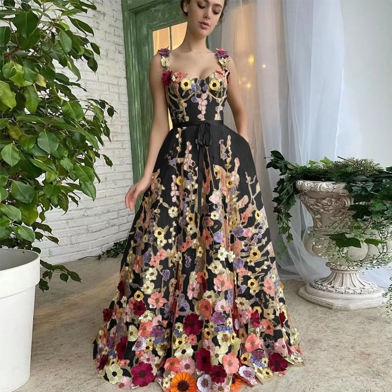 Floral A-Line Strap Evening Wide Gown