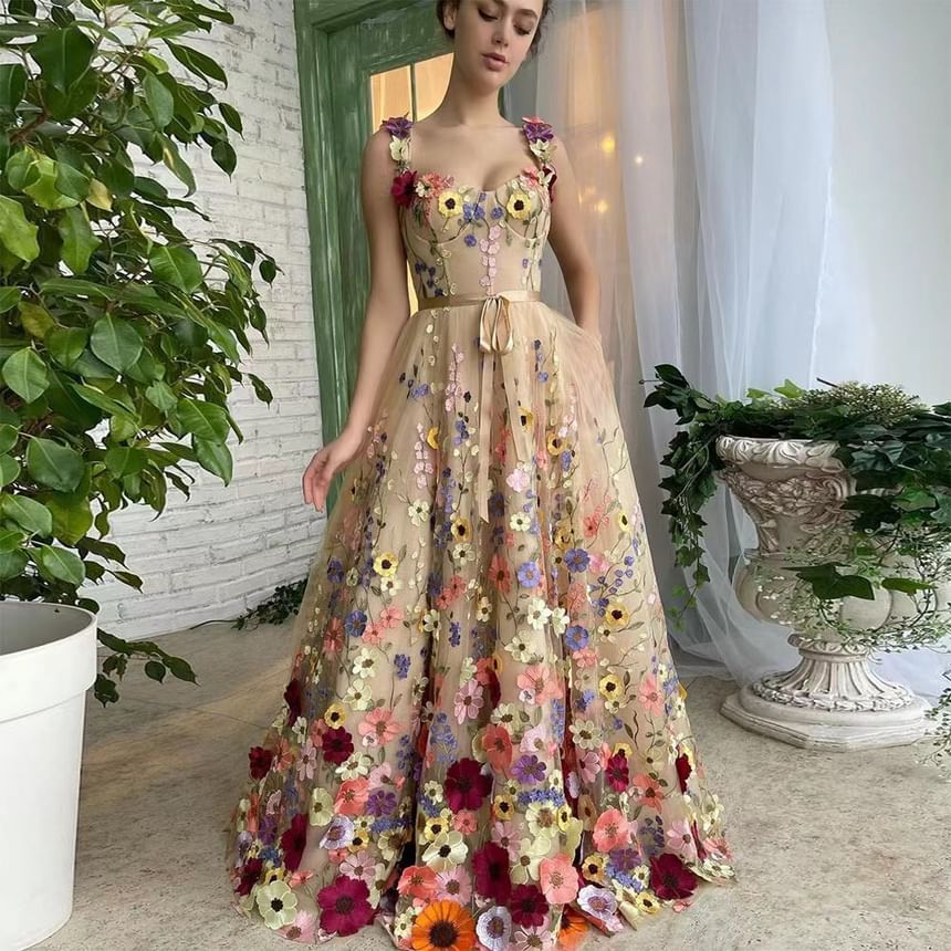 Floral A-Line Strap Evening Wide Gown