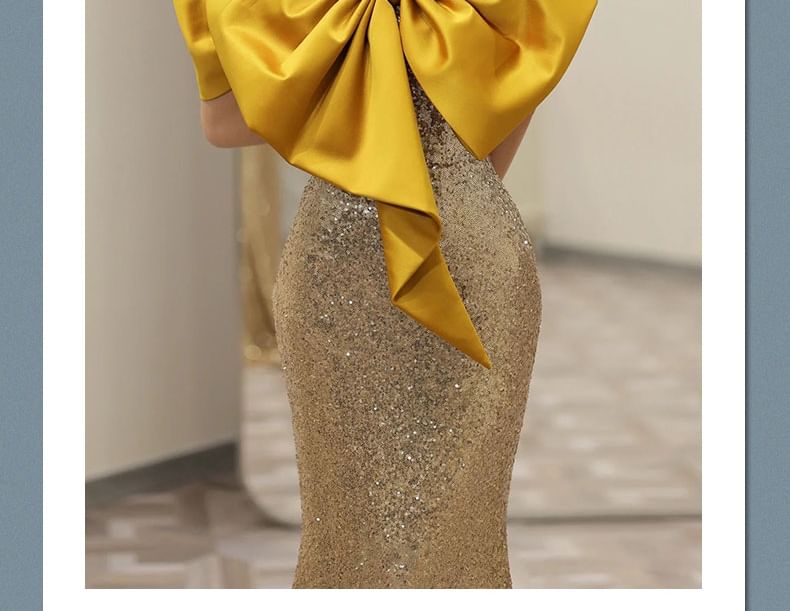 Mermaid Evening Back Off-Shoulder Sequin Accent Gown Open Bow