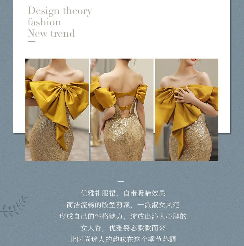 Mermaid Evening Back Off-Shoulder Sequin Accent Gown Open Bow