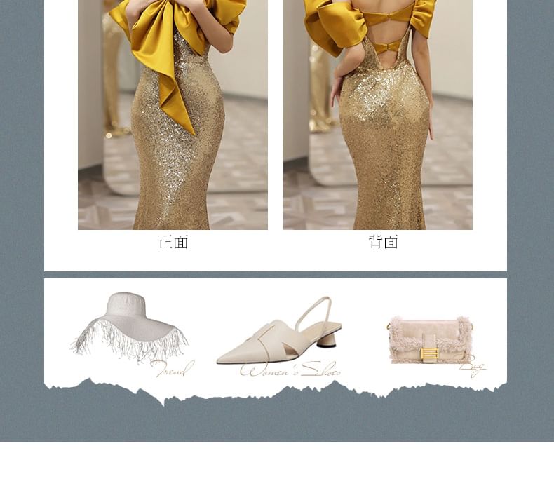 Mermaid Evening Back Off-Shoulder Sequin Accent Gown Open Bow