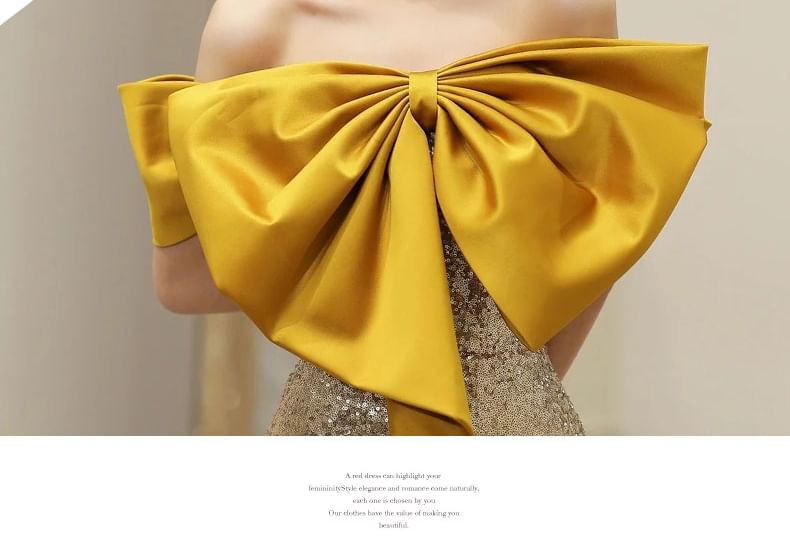 Mermaid Evening Back Off-Shoulder Sequin Accent Gown Open Bow