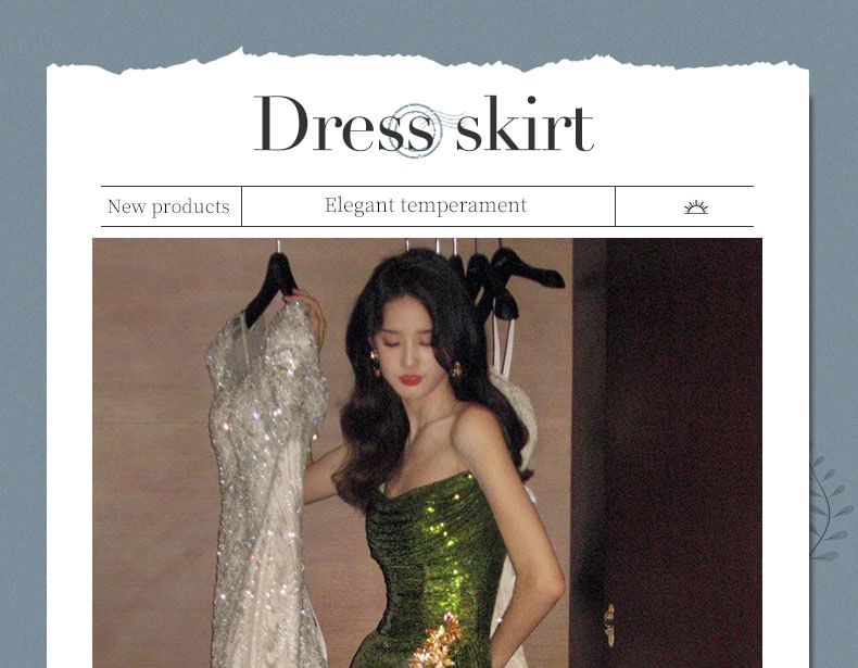 Mermaid Ruched Strapless Evening Slit Sequin Gown Trained